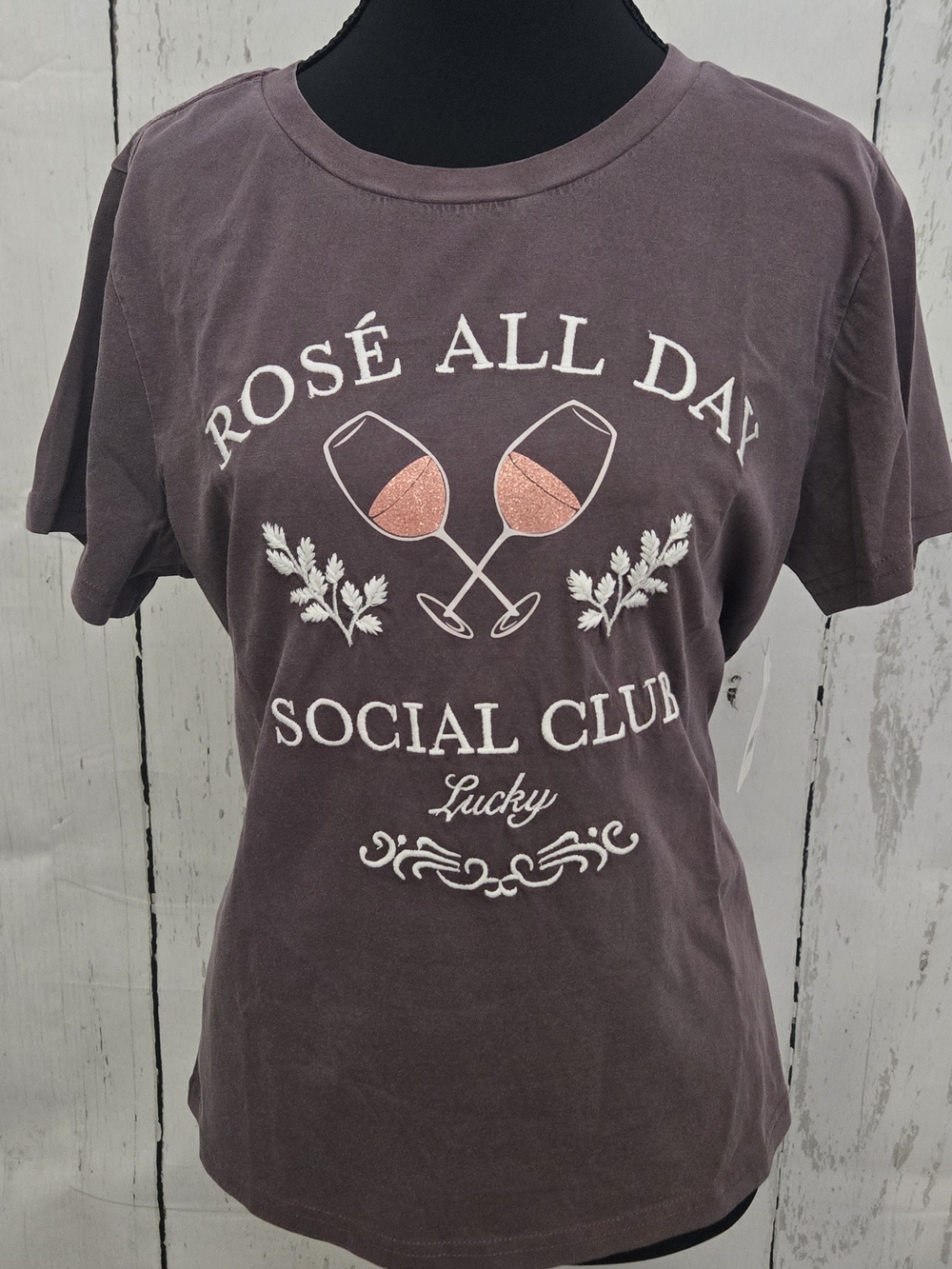 Lucky Brand Mauve Graphic Tee with Rose Gold Wine Glasses